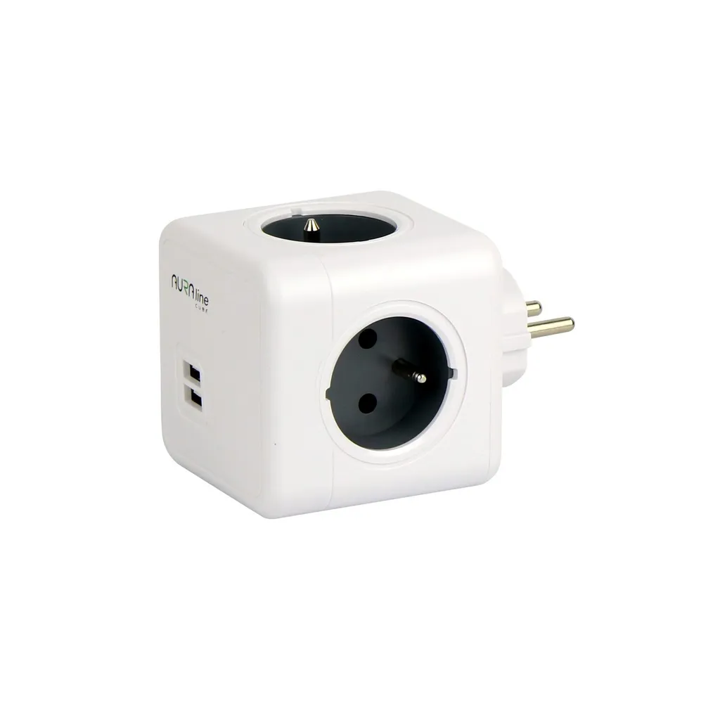 Cube multiprise compact avec 4 prises secteur et 2 ports USB de charge