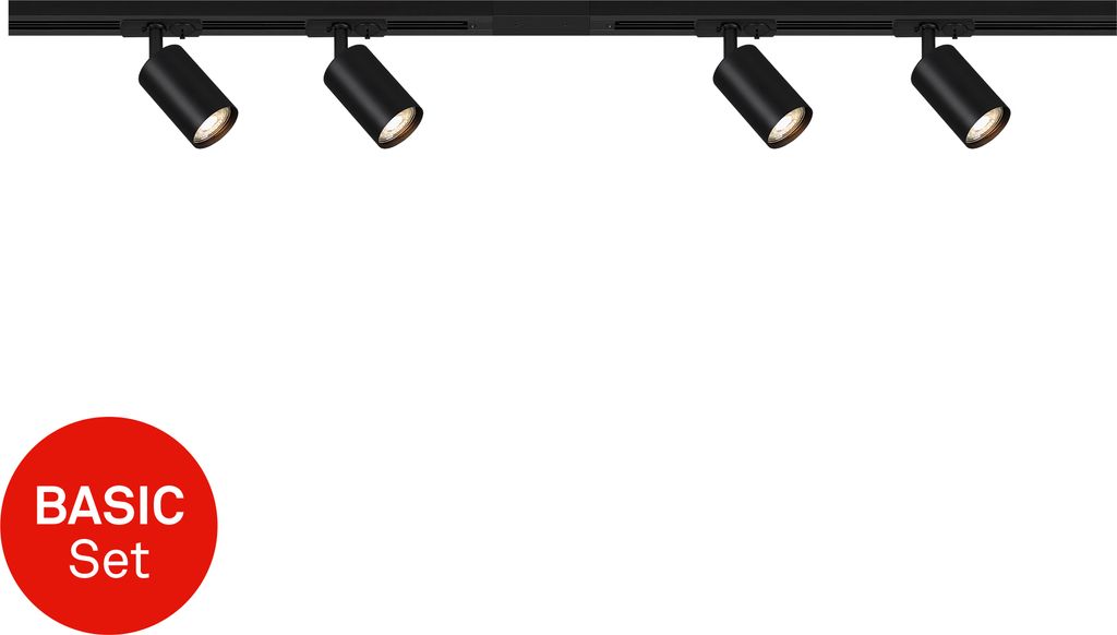 A black track lighting system with four adjustable spotlights is shown against a white background. A red circular badge with the text "BASIC Set" is in the lower left corner.