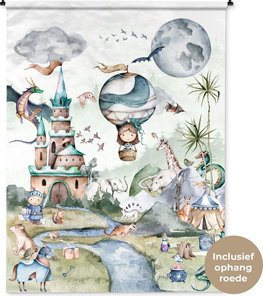 MuchoWow Wandteppich Wandbehang Kinder - Heißluftballon - Drache - Jungen - Burg - Aquarell 150x200 cm Tapisserie Dekoration Wandtuch - Wandaufh...