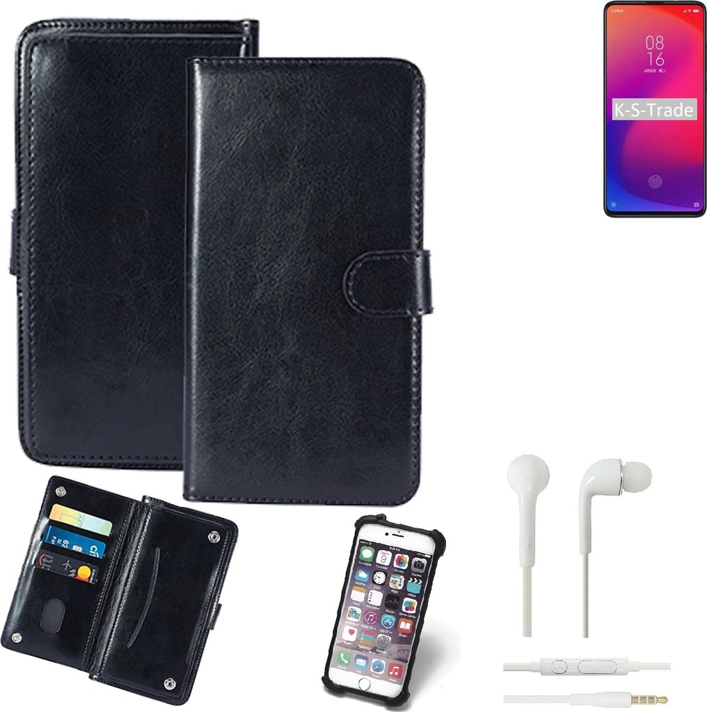 K-S-Trade 360° Hülle kompatibel mit Xiaomi Mi 9T Pro inkl. Headphones schwarz Kunstleder Case BookCase WalletCase Kunstlederederhülle Handyhülle,