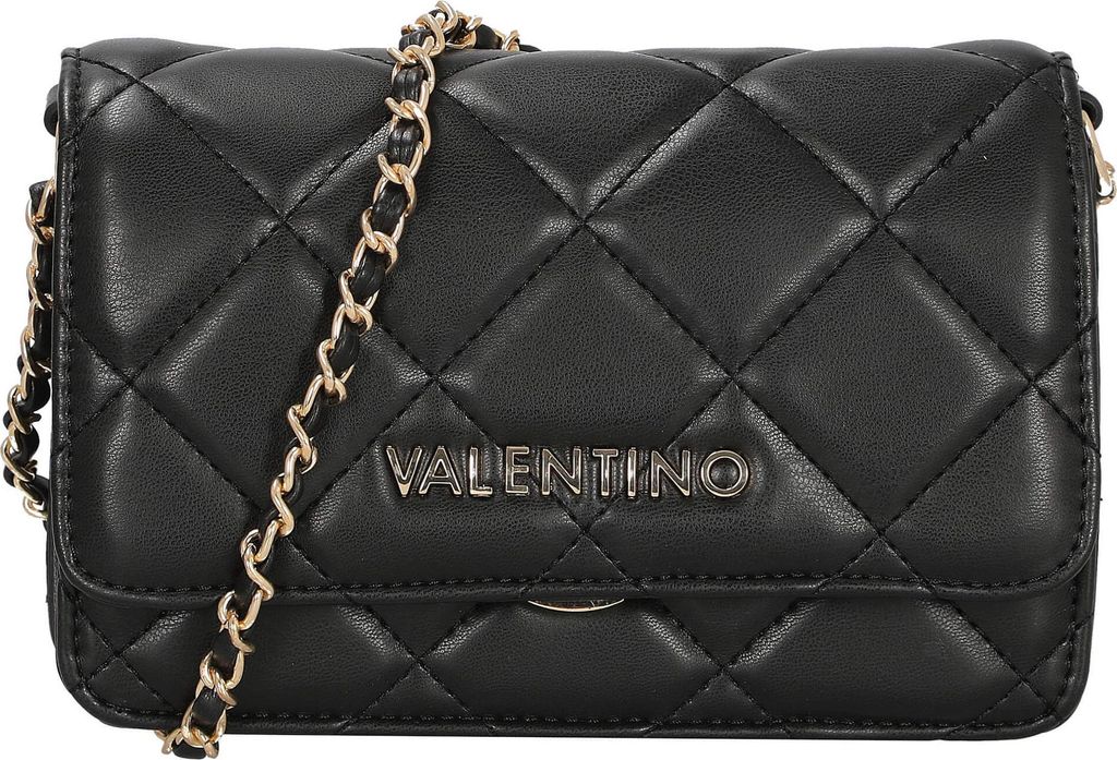 A black quilted shoulder bag with a gold chain strap and the Valentino logo on the front.