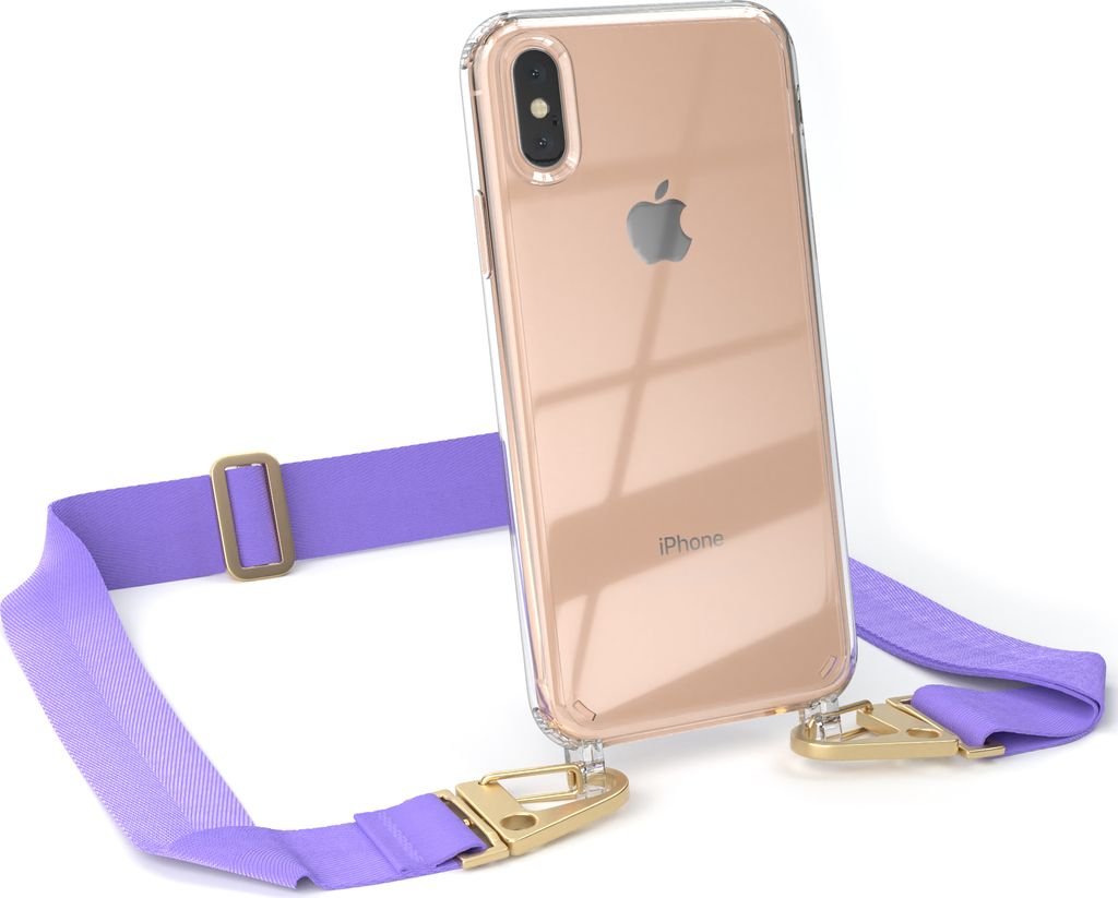 EAZY CASE - Hülle mit Band für Apple iPhone X / XS, Handyhülle mit Umhängeband, Silikonhülle transparent, Handykette in Violett