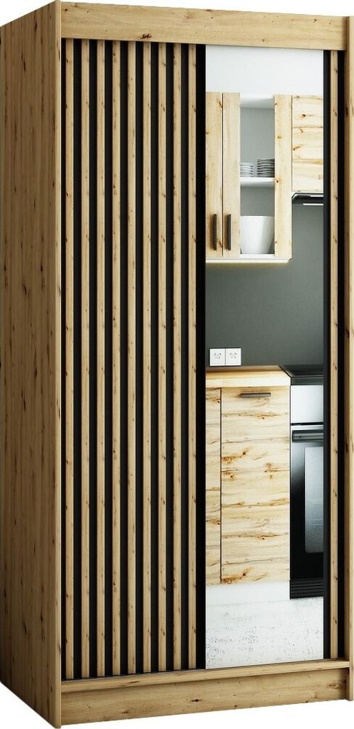 Kryspol Schwebetürenschrank LAMELO 2 100 mit Zierstreifen und Spiegel, Flurgarderobe mit 2 Kleiderstange, Modern Design