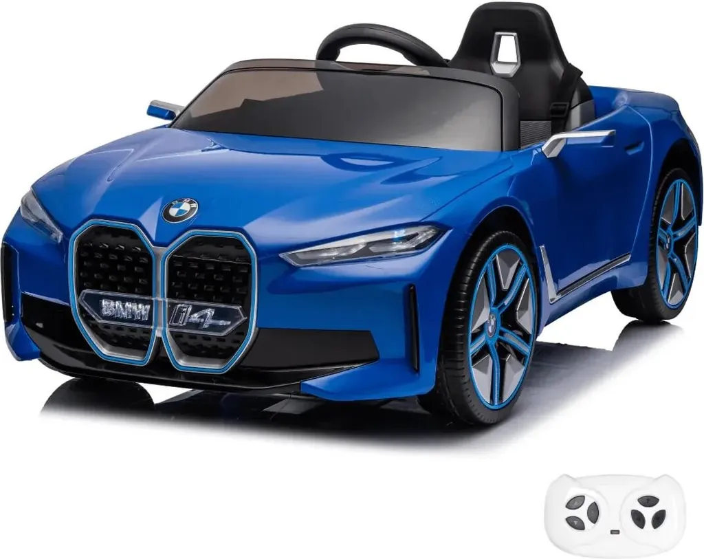 Voiture électrique BMW i4 pour enfant 12V avec pneus EVA souples - Bleu