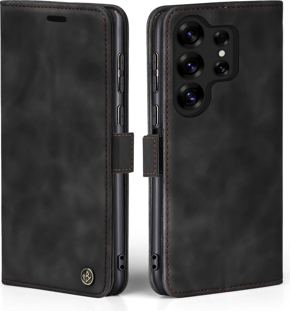 A black flip cover phone case for a Samsung Galaxy S25 Ultra is shown from the side.