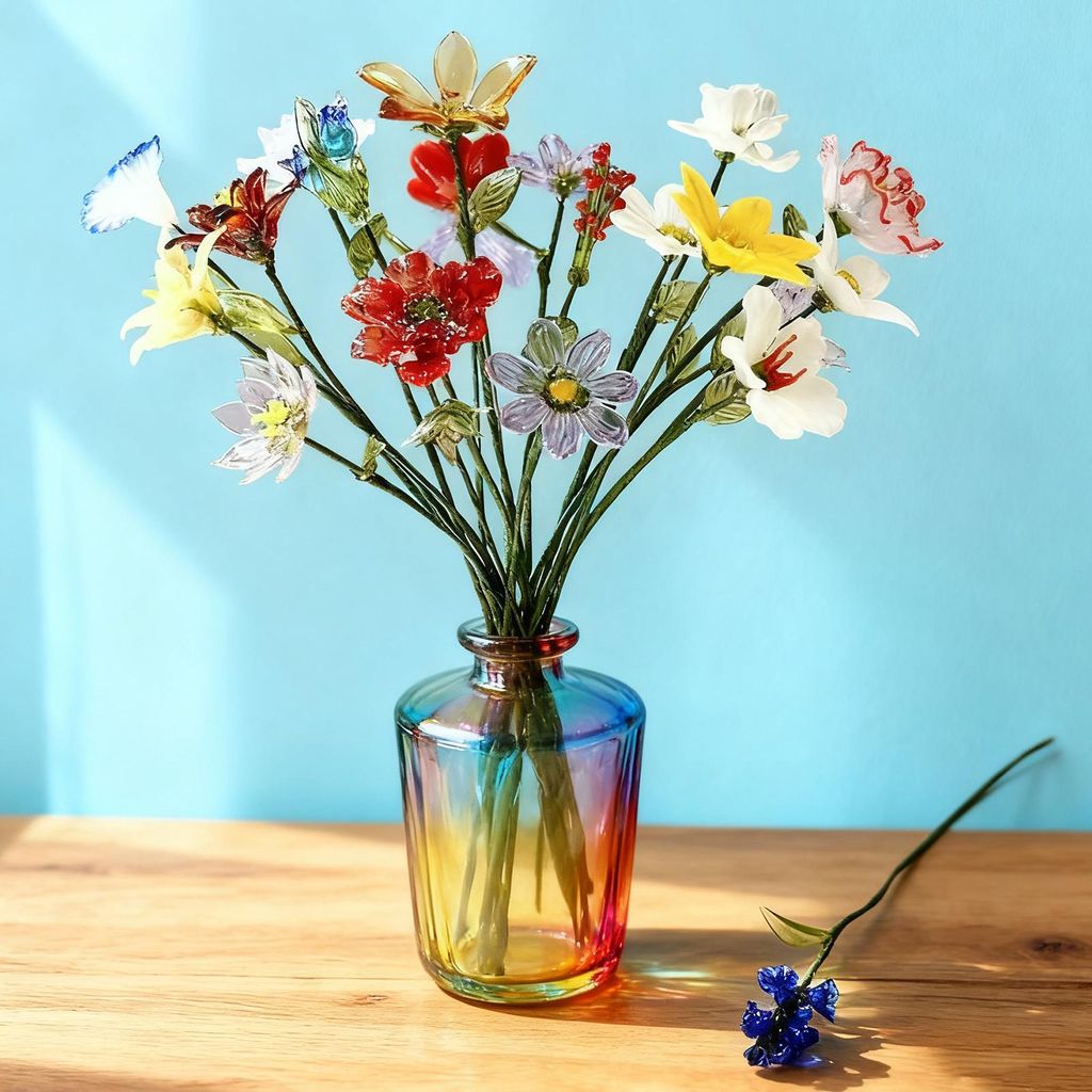 Handgeblasene Glasblume mit Drahtstiel, handgefertigte, farbig glasierte Blumenfigur, Dekoration für Wohnzimmer, Büro oder Tisch, Blumenvase, Orn...