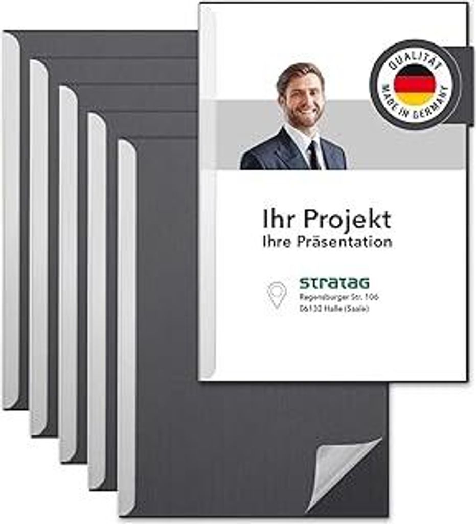 STRATAG Klemmmappen Klemmschienen-Set mit transparentem Deckel aus PP Kunststoff sowie Binderücken aus stabilem 320 g/m² Karton (Graphitgrau, 6 S...