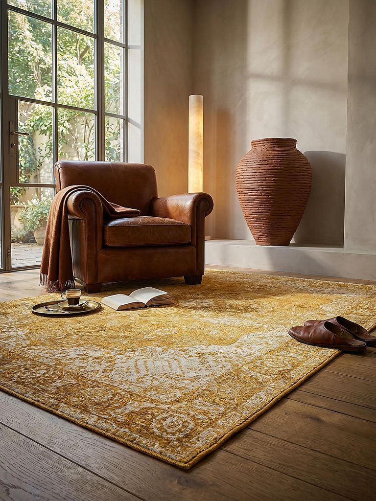 Teppich Vintage Polyester Senfgelb 120x170 cm Wohnzimmer Schlafzimmer Orientalisch COQUET | Kadima Design