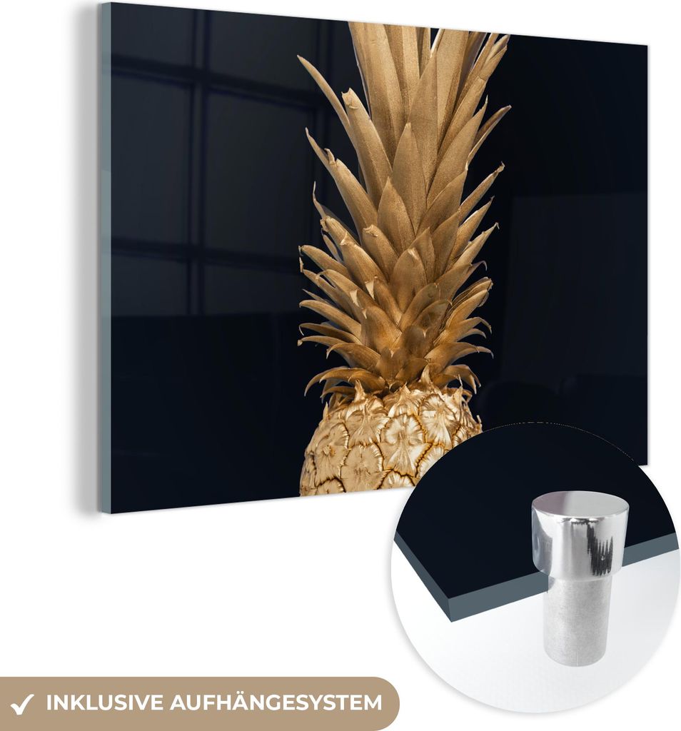 MuchoWow Glasbilder - Bilder auf Wandbild - Foto auf Glas Ananas - Gold - Farbe - Schwarz - Obst - Luxus 60x40 cm Wanddekoration aus Glas - Acrylgl...