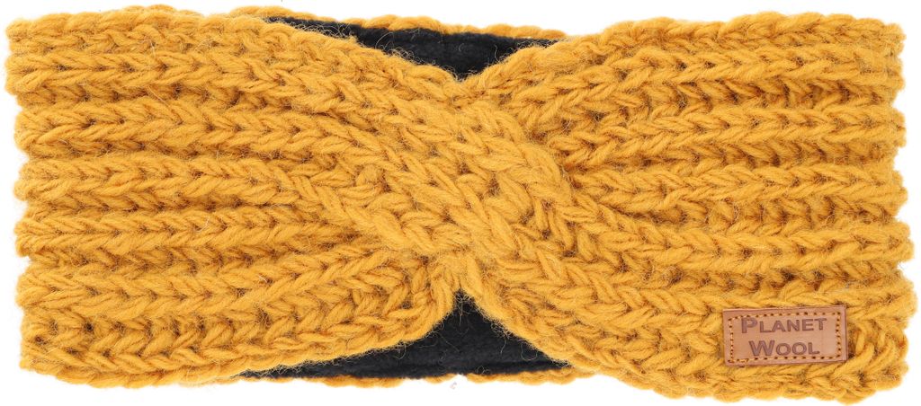 Woll-Strick-Stirnband, Gestrickter Ohrenwärmer - Senfgelb, Uni, Wolle, Stirnbänder