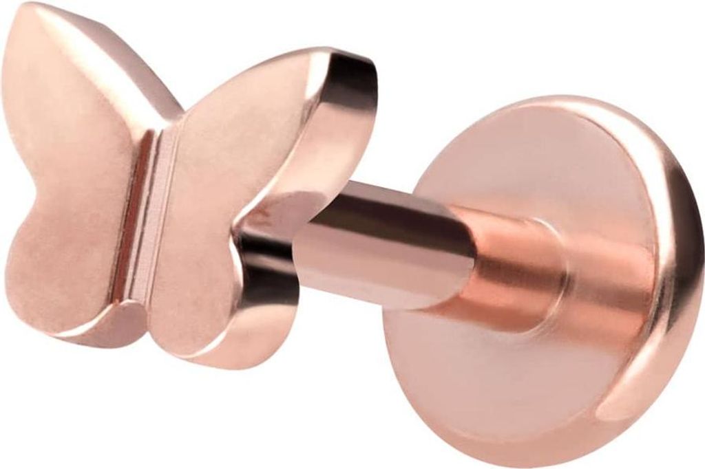Ohrpiercing, Nasenpiercing Titan Labret mit Innengewinde SCHMETTERLING RoséGold Stablänge: 7mm | Stabstärke: 1,6mm