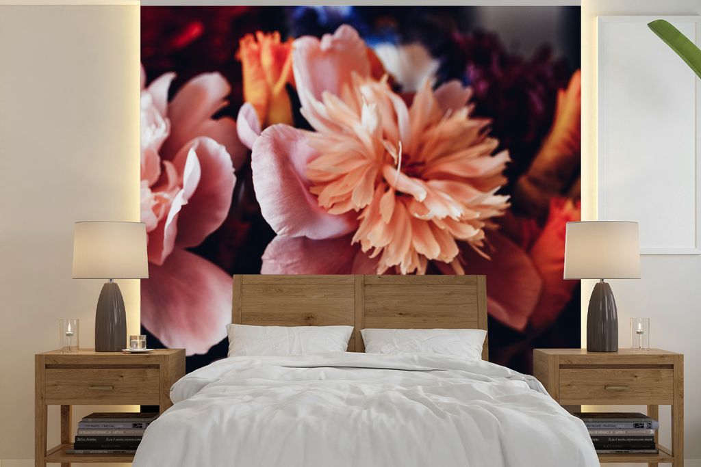 MuchoWow Fototapete für Wohnzimmer oder Schlafzimmer Wandtapete Vinyl Motivtapete Blumenstrauß aus Pfingstrosen - 220x220 cm - Tapeten