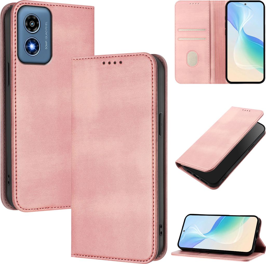 Handyhülle für Motorola Moto G Play 4G 2024, Vintage Leder RFID Schutz Kartenfach Standfunktion Magnetische Klapphülle Pink