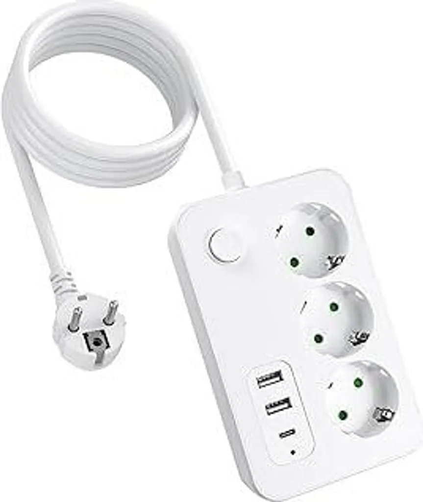 Presa Multipla Sicura per Bambini con USB-C | 1,8m Bianca per Casa