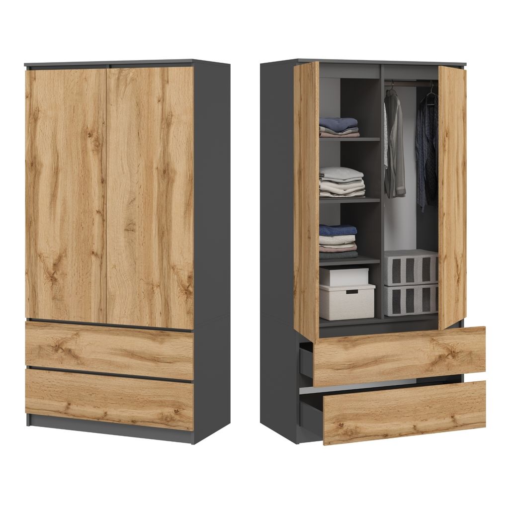 Kleiderschrank Schrank 90cm breit mit 2 Schubladen, 3 Produktbild 1
