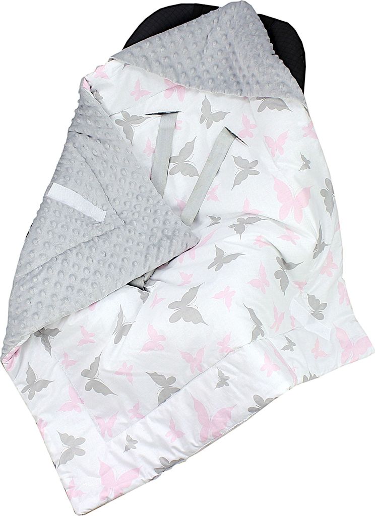 TupTam Baby Winter Einschlagdecke Babydecke 75x75cm für Autositz Babyschale Wattiert Minky Baumwolle Universal, Farbe: Schmetterling Hellgrau / Ro...
