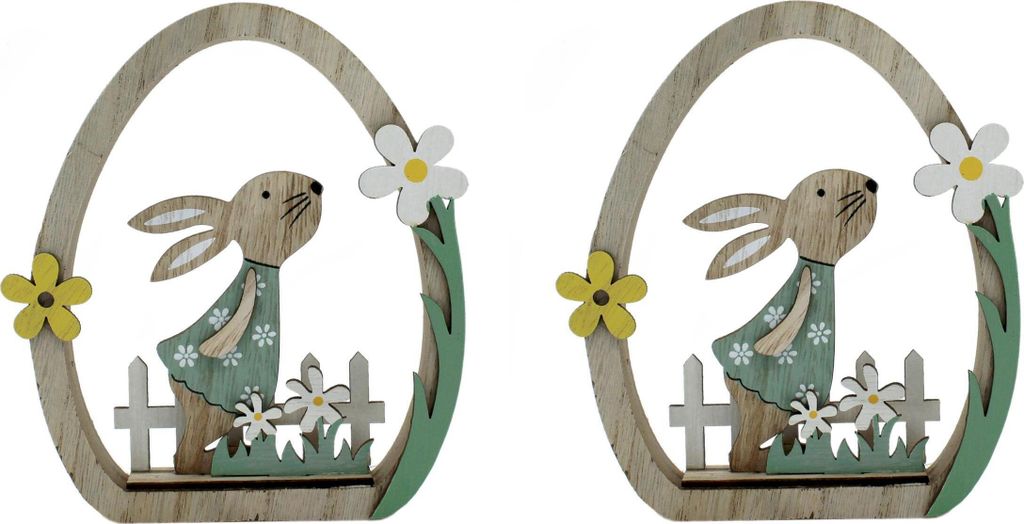 Holz Hase im Ei auf Blumen-Wiese 13 x 15cm 2 Stück
