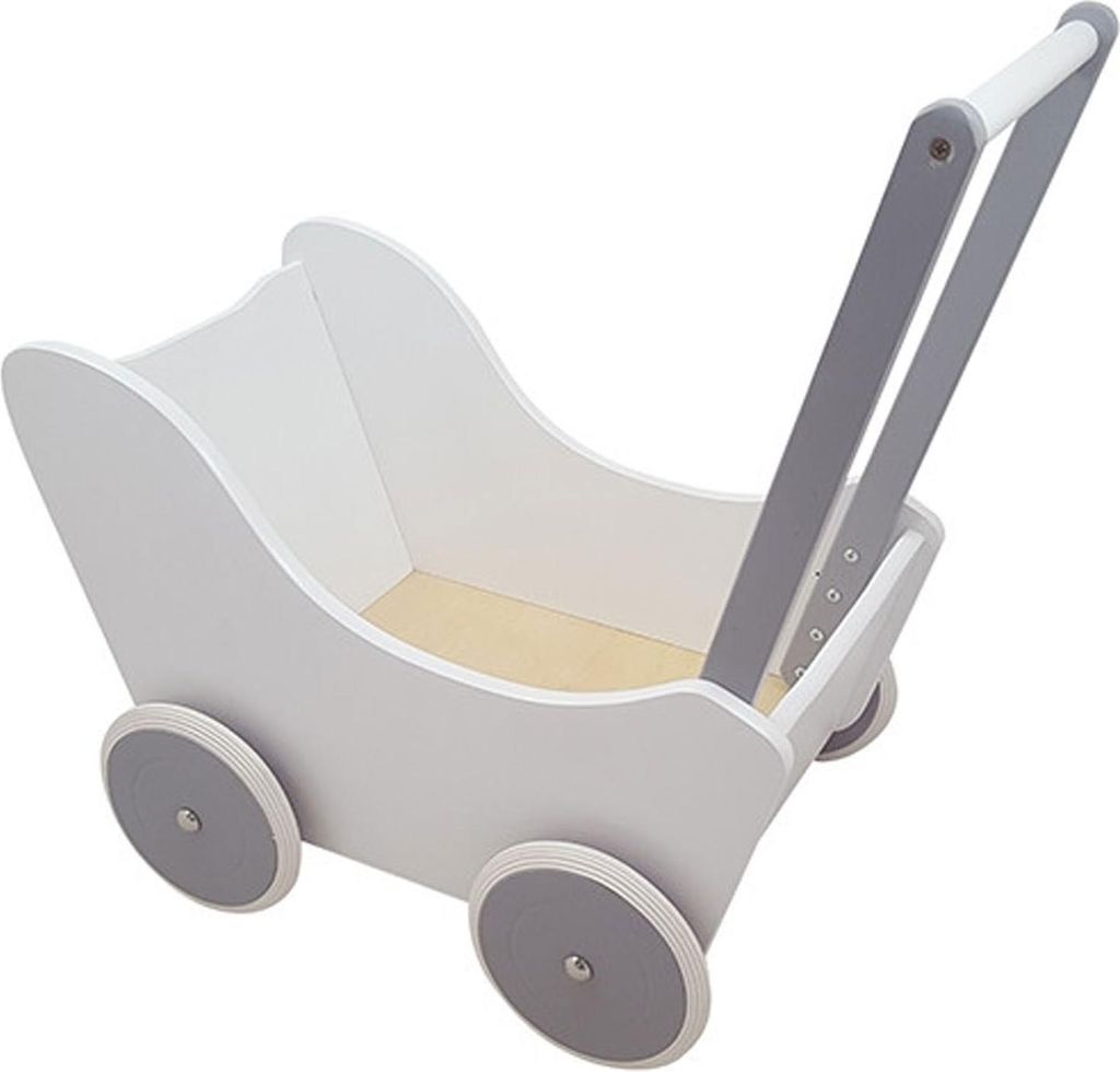Playwood Holz Puppenwagen weiß silber mit Gummireifen und Decke