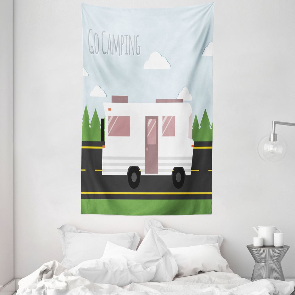 ABAKUHAUS RV Wandteppich und Tagesdecke, Go Camping Worte mit einem LKW aus Weiches Mikrofaser Stoff Waschbar ohne Verblassen Digitaldruck, 140 x 2...