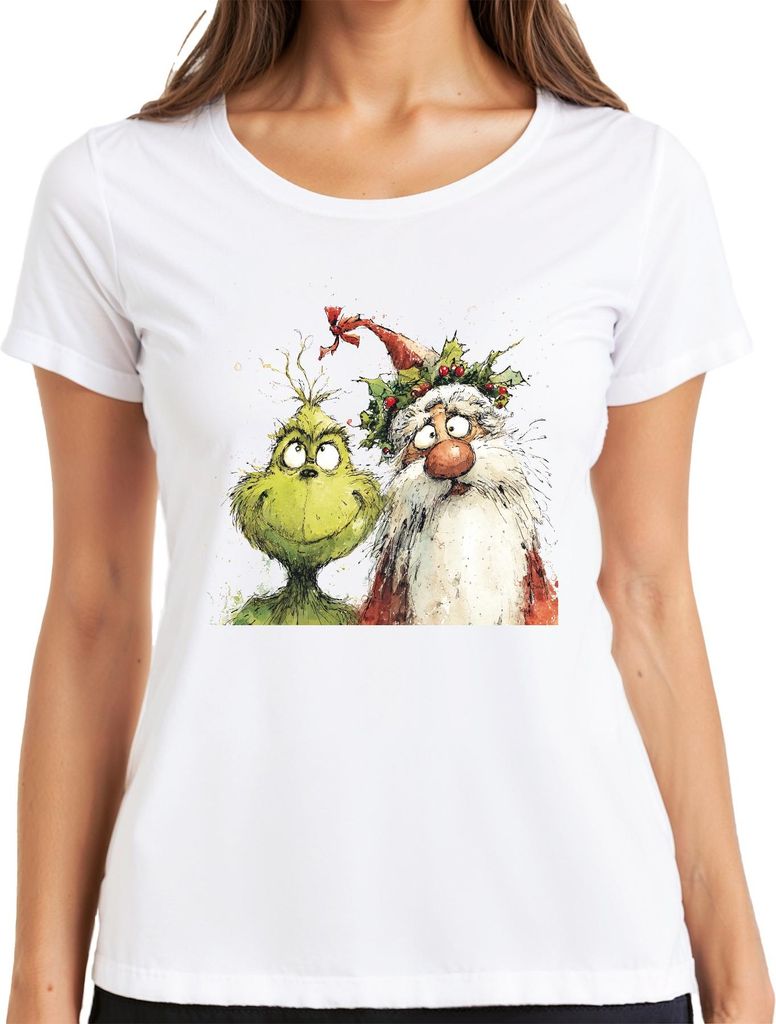 Grinch Weihnachtsmann frech Weihnachtsspaß Aquarell Cartoon Damen T-Shirt, Weiß, 3XL