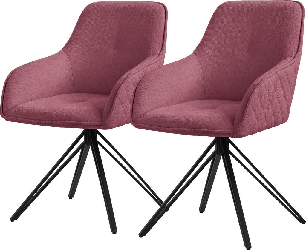 Two pink chairs with black legs on a white background.