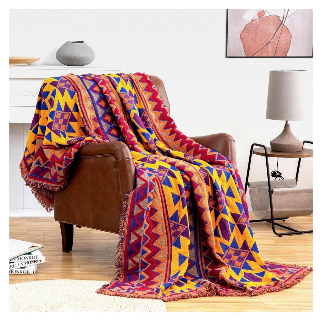 Große Bohemian-Sofaüberwurfdecke mit Quasten, 100 % handgewebte Baumwolle, gestrickt, wendbar, für Einzel-, 2-Sitzer-Sofa, Sessel, Couch und Bet...