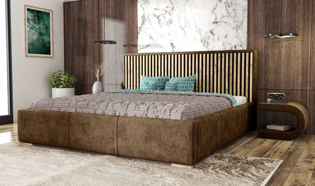 AGMAT Polsterbett WOOD mit Kopfteil, 160 x 200 cm, Doppelbett mit Bettkasten und Lattenrost aus Metall, Velourstoff: Braun
