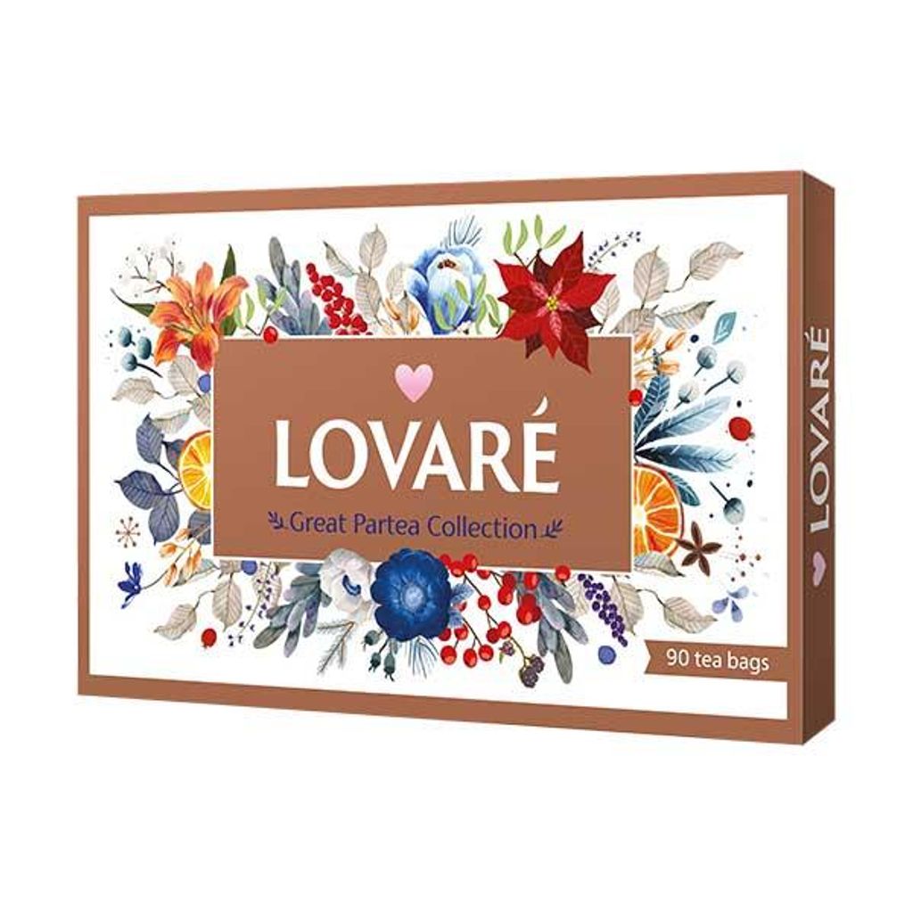 A box of LOVARÉ tea with floral and fruit decorations.