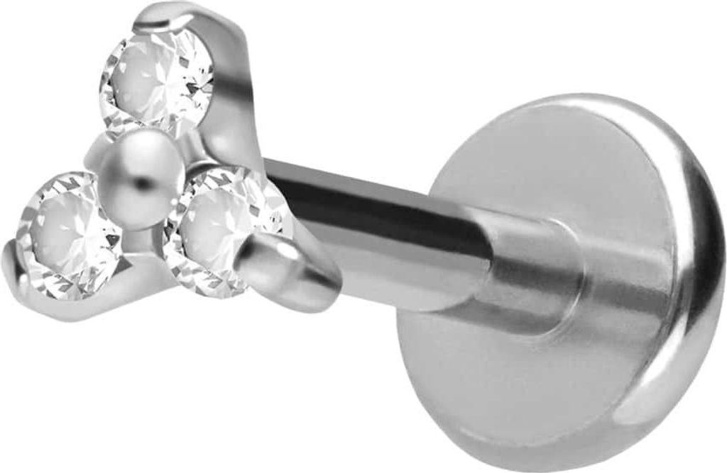 Ohrpiercing, Nasenpiercing Titan Labret mit Push Fit KRISTALLBLUME Silber Stablänge: 9mm | Stabstärke: 1,2mm | Discgröße: 3,5mm