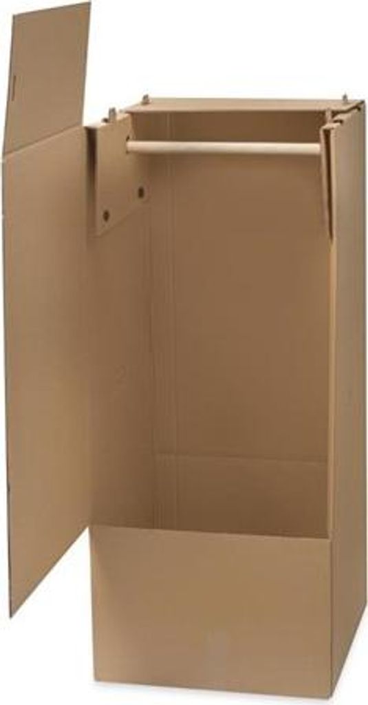 A cardboard wardrobe box with a hanging rod, shown with its front flap open.