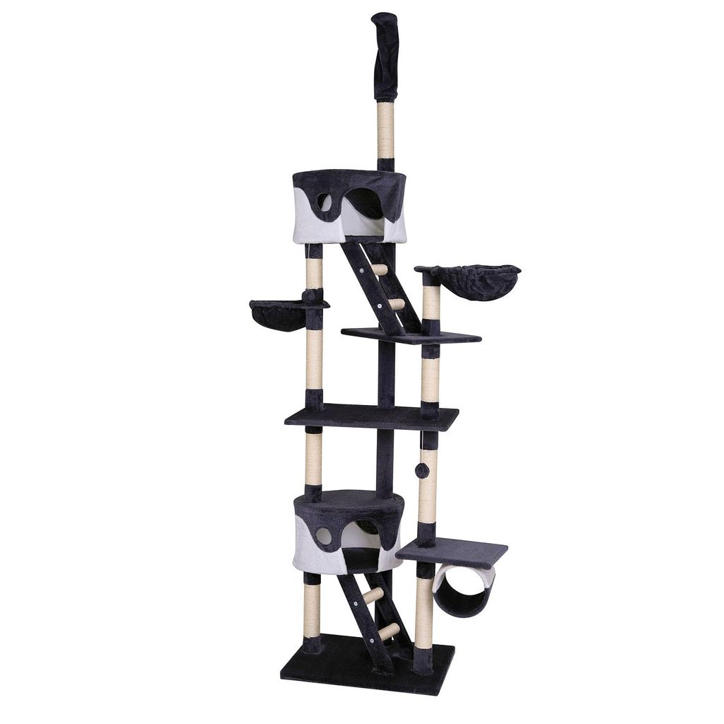 lionto Kratzbaum mit Deckenspanner, 230-250 cm großer Aktivitätsturm mit 2 Höhlen, 2 Liegemulden, Treppen & Spielbällen, grau/weiß