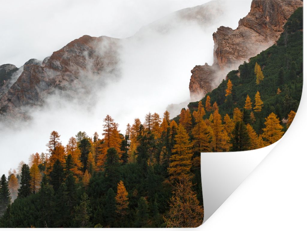 MuchoWow Wandtattoo Wandsticker Wandaufkleber Berg - Nebel - Wald 120x90 cm Selbstklebend und Repositionierbar - Aufkleber