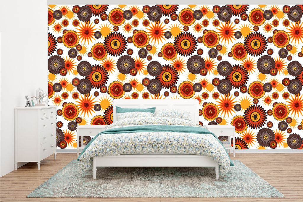 MuchoWow Fototapete für Wohnzimmer oder Schlafzimmer Wandtapete Vinyl Motivtapete Design - Retro - Orange - Blumen - 535x300 cm - Wanddekoration