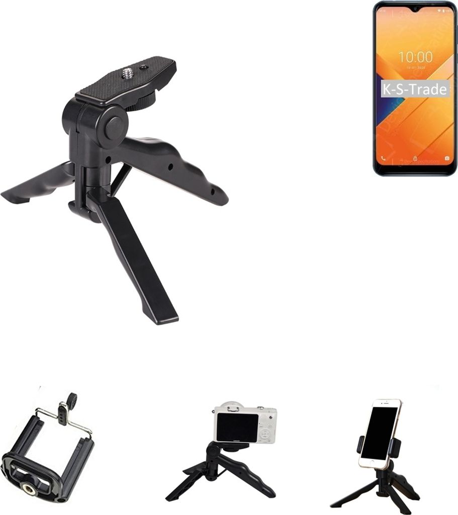 K-S-Trade Stativ Tisch-Ständer Dreibein Handy-Stativ Ständer kompatibel mit Wiko Y81 Mini-Stativ Smartphone Tripod Handy-Stativ aus Plastik schwarz