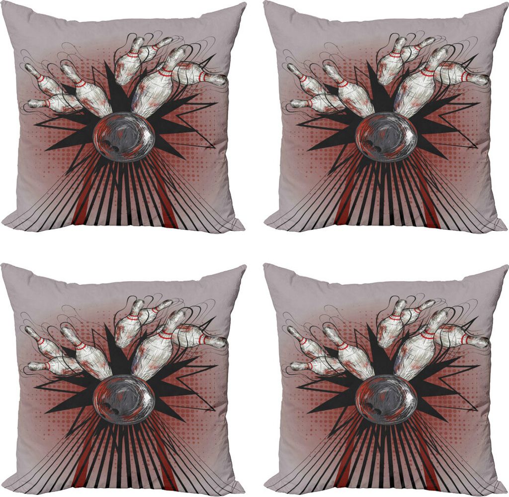 ABAKUHAUS Bowling-Party Kissenbezug Set (4 Stück), Ball Crash-Pins, Moderner Doppelseitiger Digitaldruck, 60 cm x 60 cm, Mauve, Grau, Rot