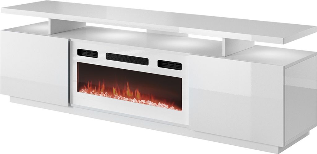 MIRJAN24 TV-Lowboard Eva mit Kamin, RTV-Schrank vom Hersteller, TV-Möbel, Stilvoll Wohnzimmer (Weiß / Weiß Hochglanz, mit Kamin Weiss, mit LED B...