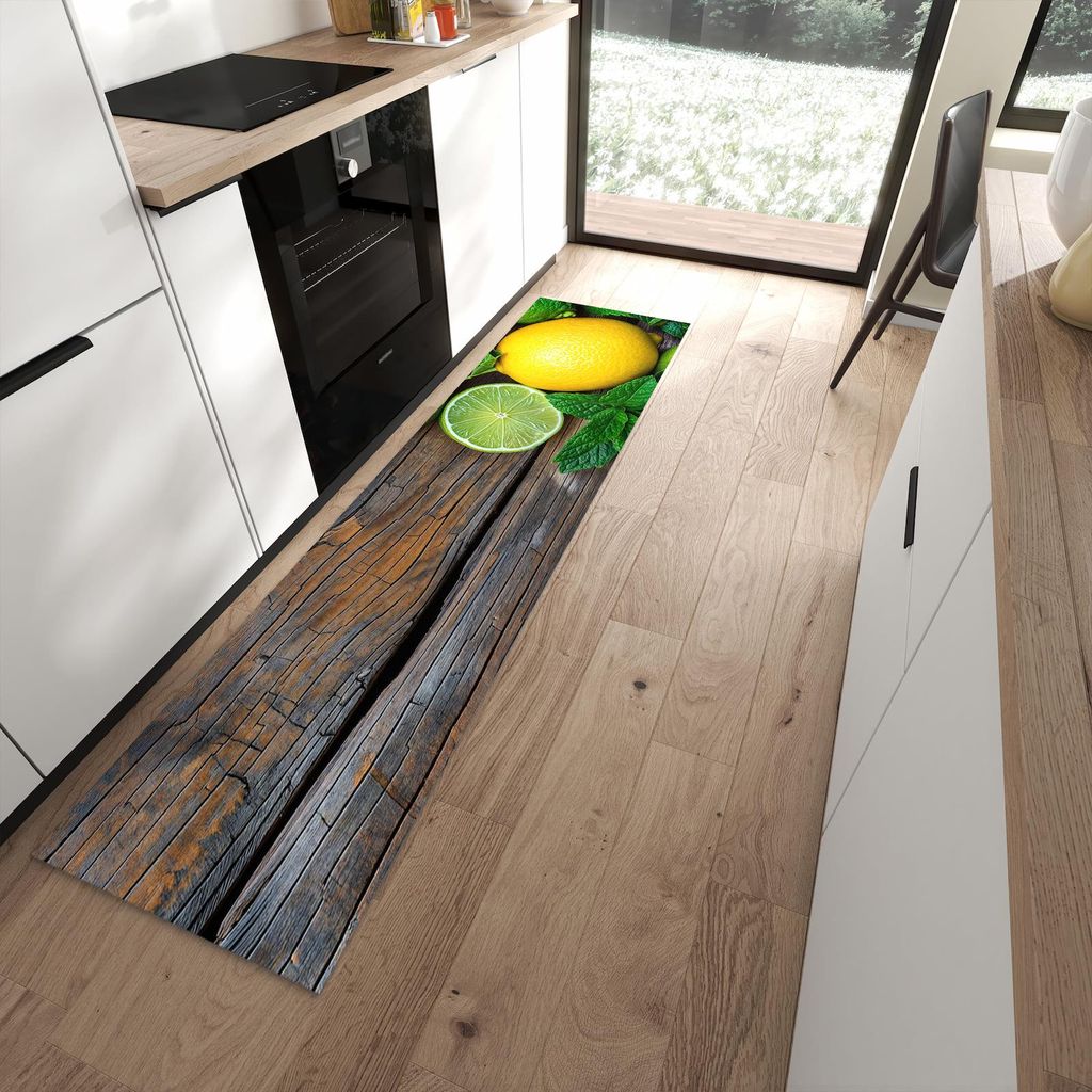Küchenteppich 60x240cm rutschfest & abwischbar PVC Läufer - Zitrusfruechte Holz