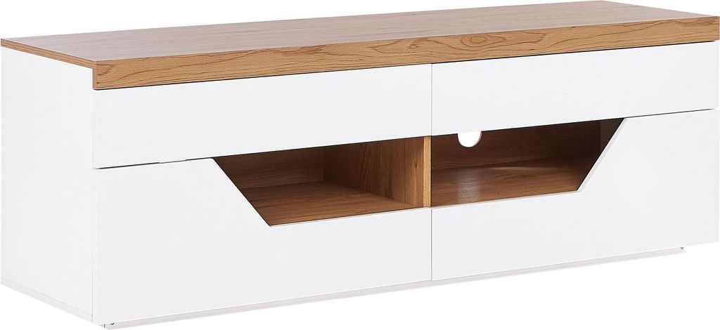 BELIANI TV-Ständer Weiß / Heller Holzfarbton 140 x 40 cm mit Stauraum 4 Schubladen Kabelloch Schrank Rechteckig Modern
