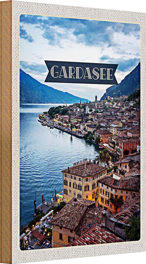 Holzschild Reise 20x30cm Gardasee Italien Aussicht Stadt See