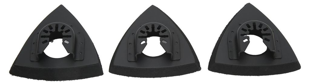 Three black triangular oscillating multi-tool sanding pads are shown against a white background.