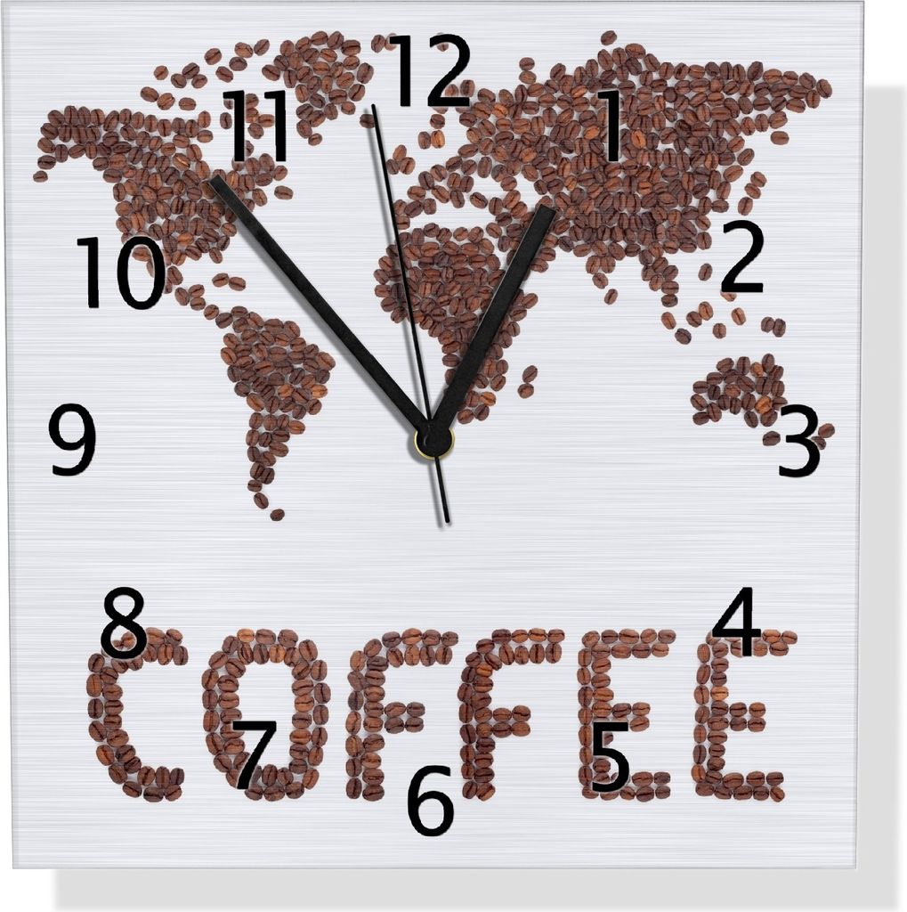 Wallario Design Wanduhr Weltkarte mit Schriftzug aus Kaffeebohnen aus Aluverbund, Größe 30 x 30 cm
