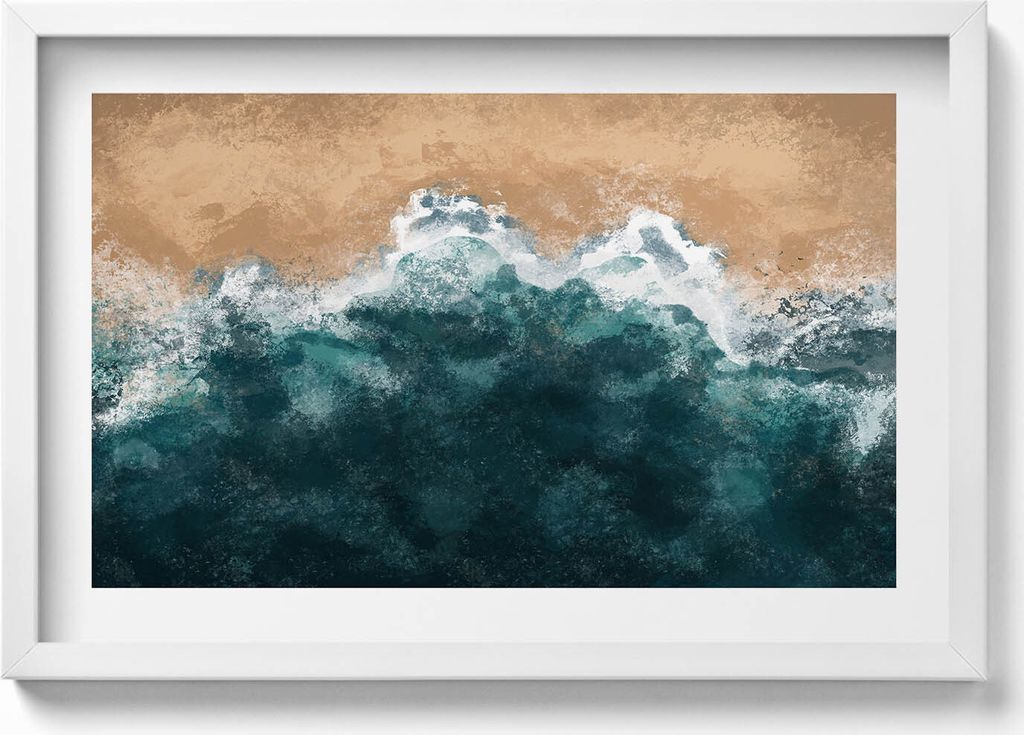 Illustration von Meereswellen und Strand aus der Vogelperspektive– Wandbild mit Rahmen – Gerahmtes Bild – Wanddekoration – 60x40 cm – Sch...