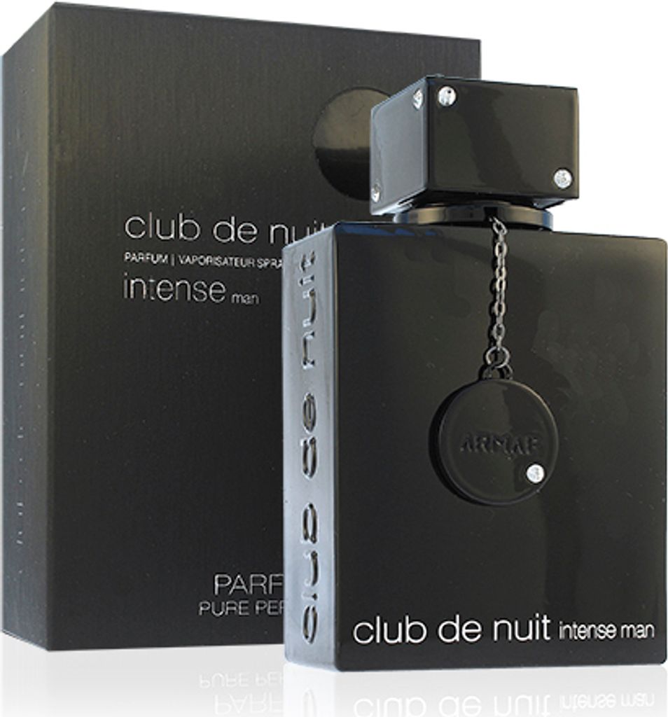 A black bottle of Armaf Club de Nuit Intense Man perfume and its packaging are displayed against a white background.