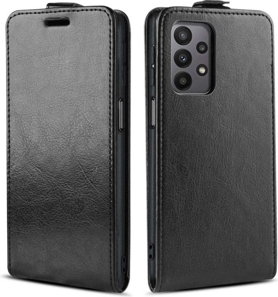 A black leather flip case for a Samsung Galaxy A23 5G phone is shown from two angles.