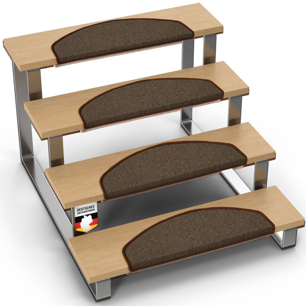 A four-step pet stair with wooden steps and brown carpet treads, shown against a white background. A small German flag emblem is visible on the bottom left step.