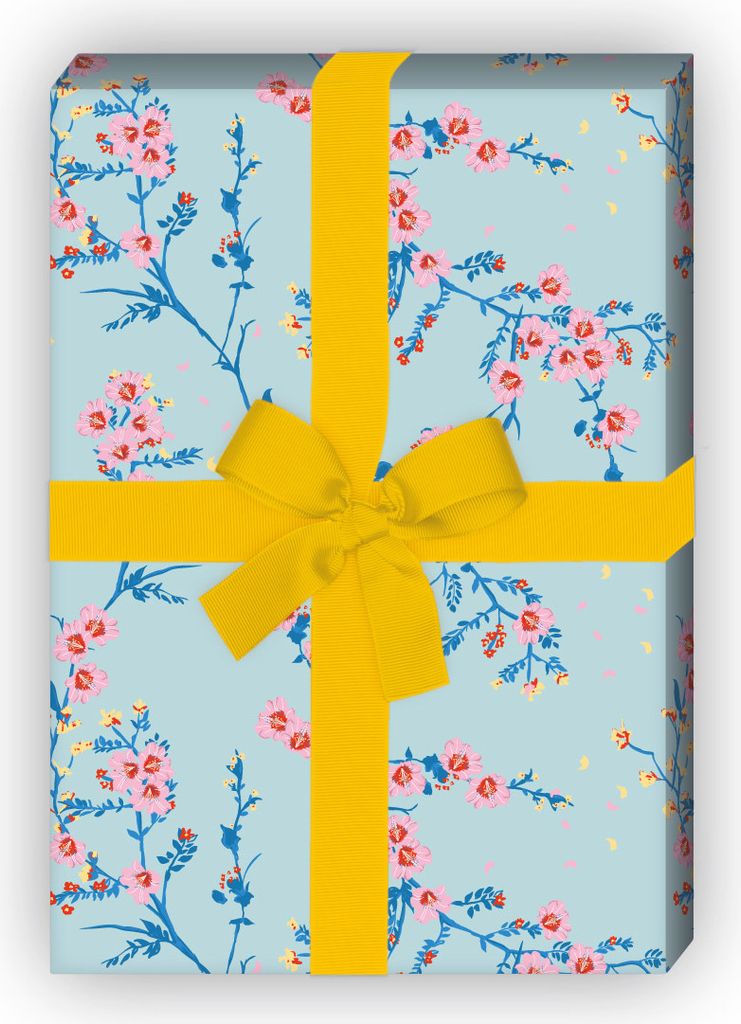 Zartes Blumen Geschenkpapier mit Hibiskus Blüten-Zweigen, Produktbild 