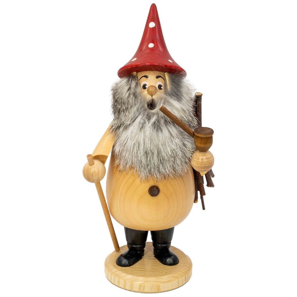 Wurzelzwerg natur, Hut rot (19cm) Räuchermann von Drechselwerkstatt Uhlig
