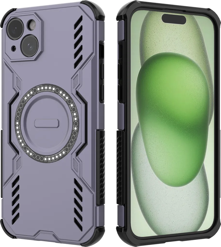 Custodia magnetica per iPhone 15 Plus /iPhone 14 Plus, paraurti ibrido in PC e TPU, fori di ventilazione per la dissipazione del calore Custodia viola