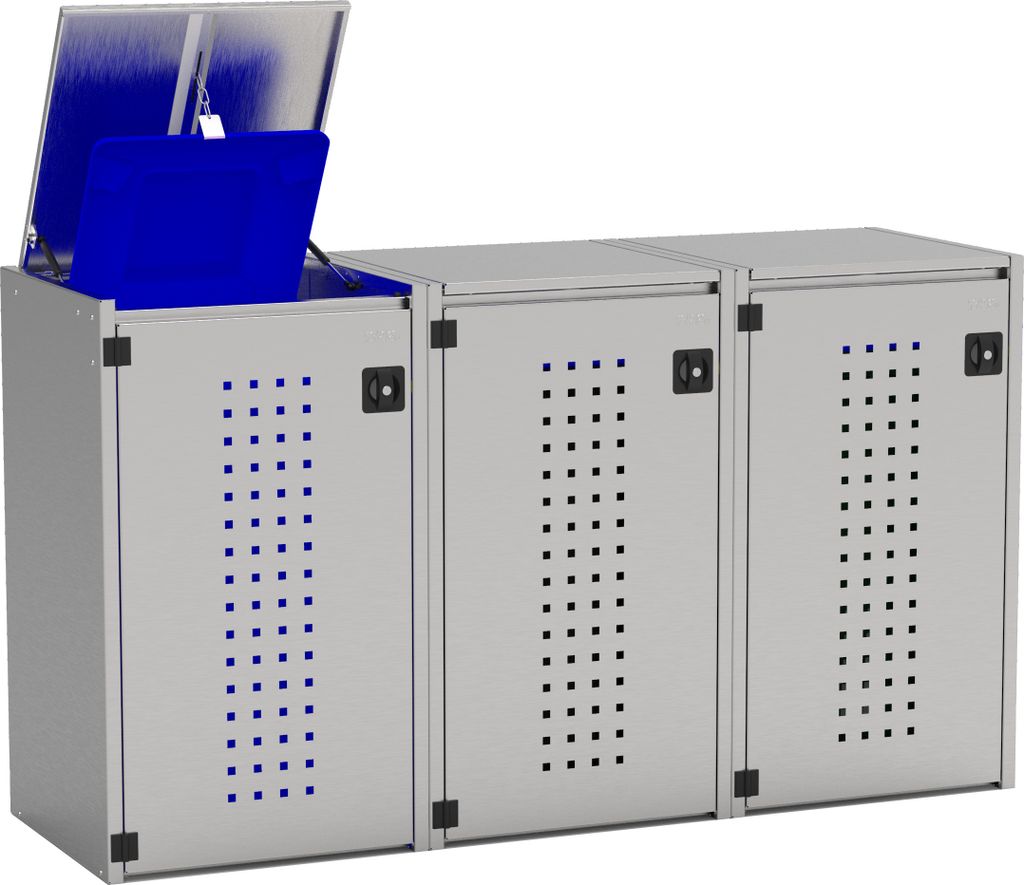 reinkeDESIGN | Mülltonnenbox 3er 240L | Typ_X | von oben befüllbar, Seiten & Türen in V2A | für Reihenhaus, Deutsche Qualität