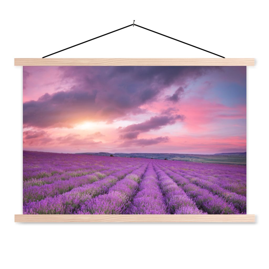 MuchoWow Textilposter Lavendel - Lila - Wolken - Blumen 60x40 cm mit holzfarbenen Rahmen - Bilder